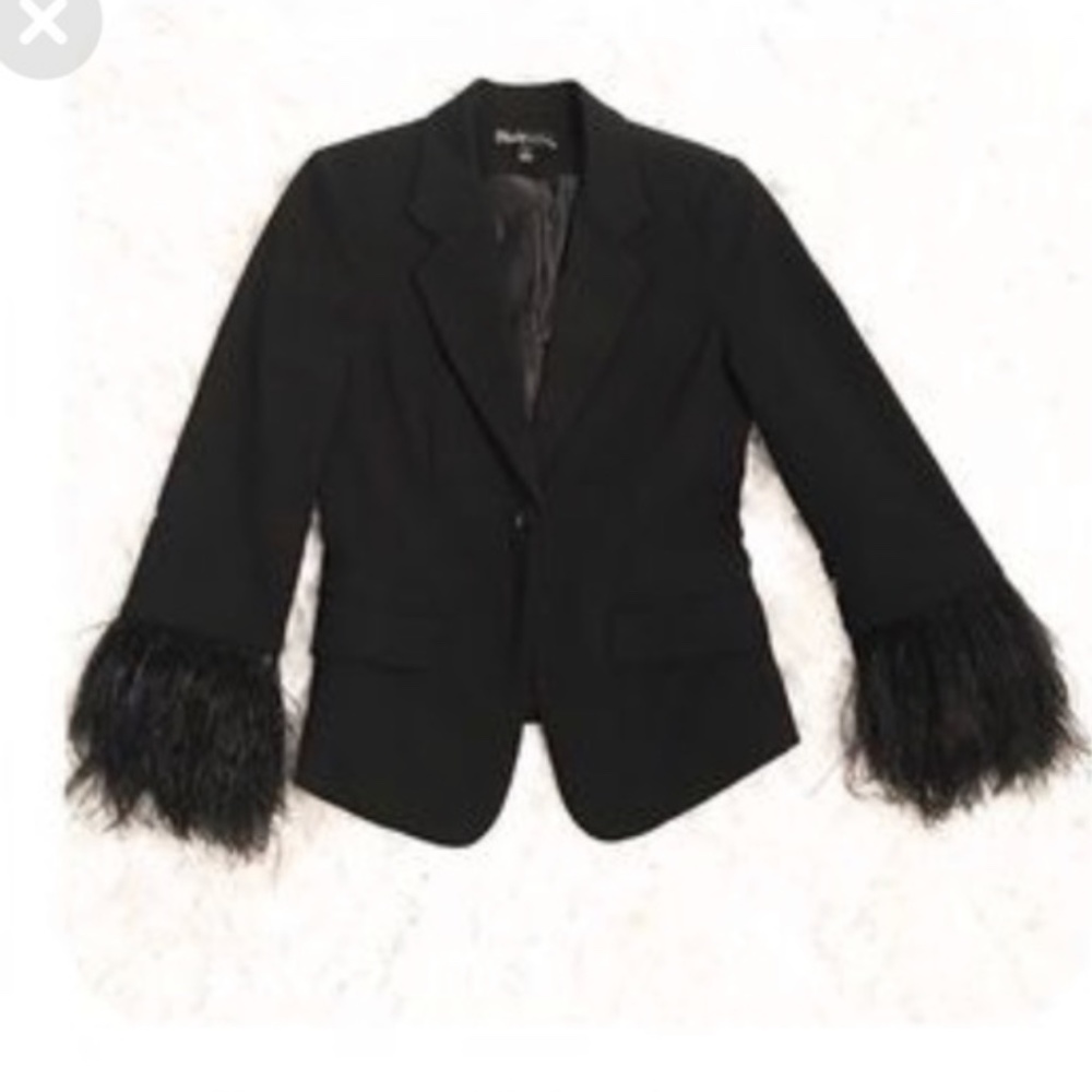 Elizabeth & James Black Blazer with Feather Cuffs